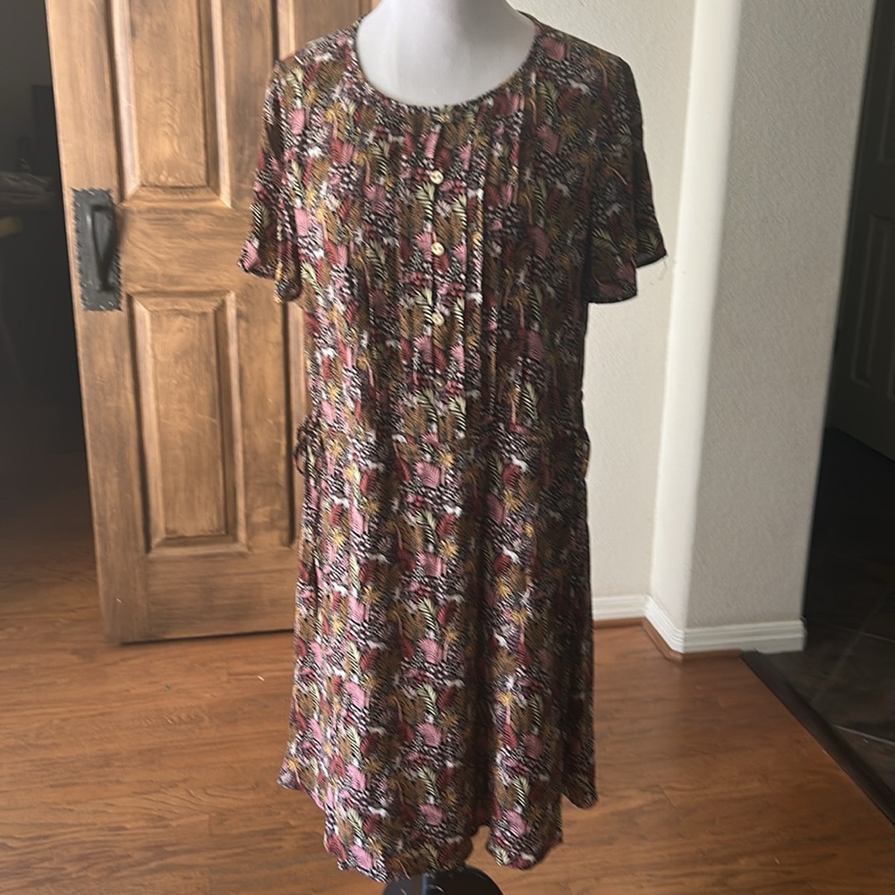 Ann Taylor LOFT Paradise Lost Jungle Safari Dress Pintuck Size Large Brown Pink - Picture 8 of 13